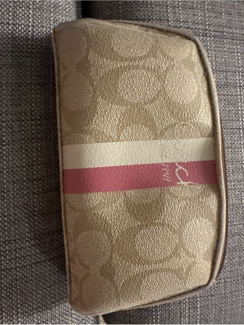 Coach Khaki Cosmetic Pouch with Pink and Cream Stripe